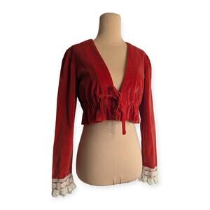 60s 70s Rusty Red Velvet Bolero Shrug jacket with lace cuffs